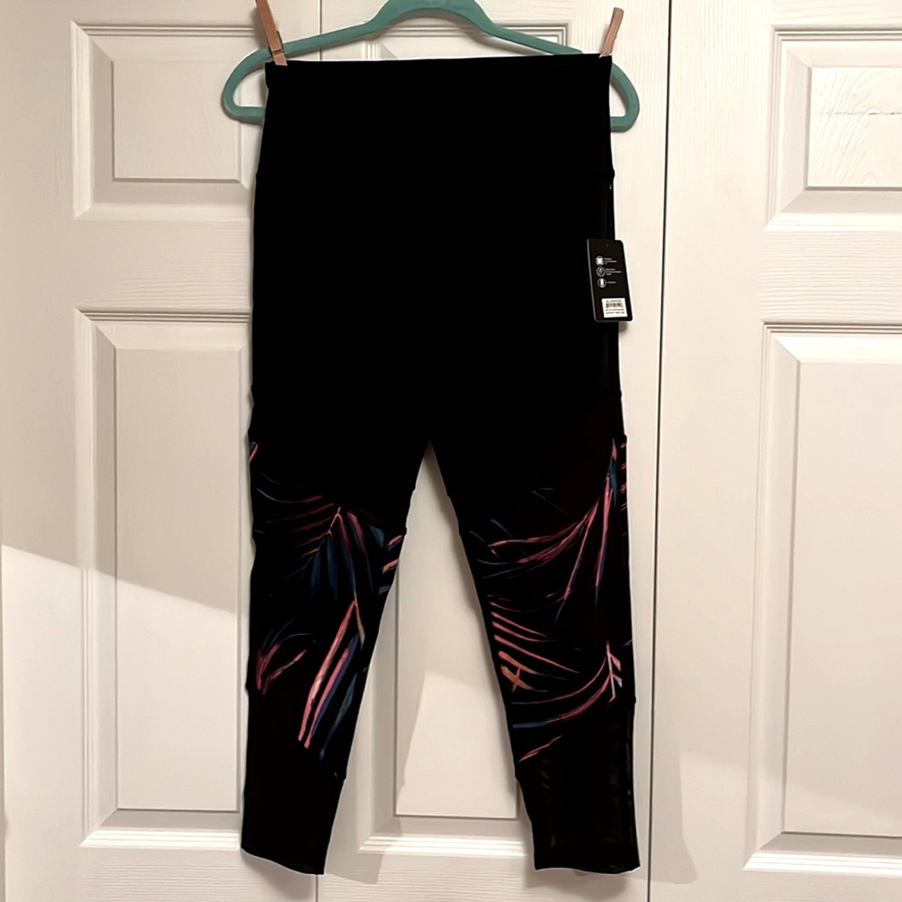 Women's Black High-Waist Leggings with Pink & Blue Leaf Print